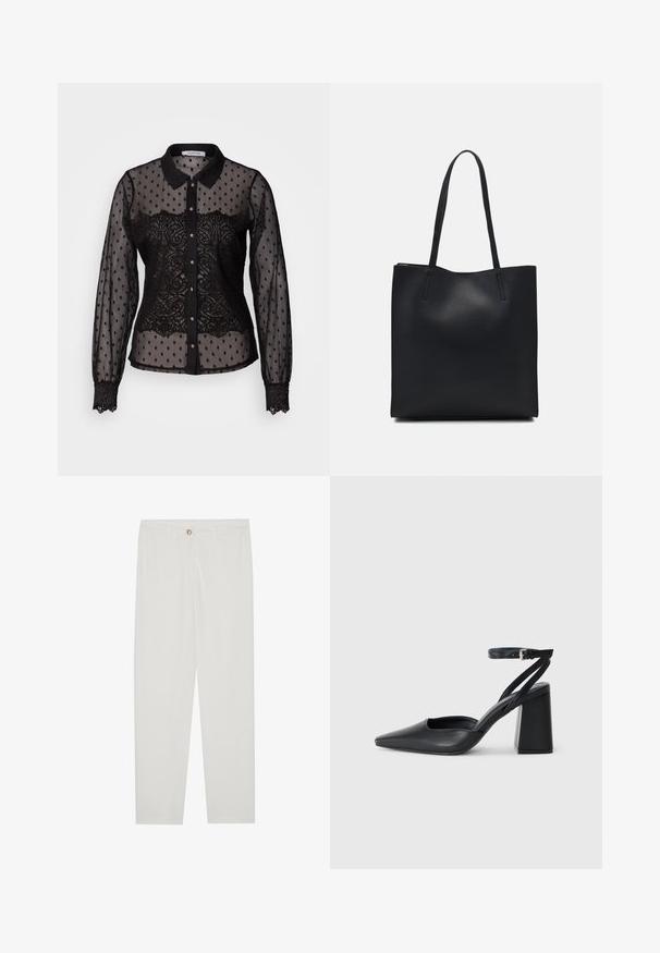 Juoda permatoma bluzonė su taškeliais ir nėrinių detalėmis, su apykakle, ilgomis rankovėmis, mygtukų uždarymu ir nėrinių krašteliais ant rankovių.; Baltos, pritaikytos kelnės su tiesaus kirpimo dizainu, su sagčių uždarymu, dirželių kilpomis ir šoninėmis kišenėmis; lygus audinio tekstūros.; Juoda odinė smailiagalė aukštakulnio bateliai su kulkšnies dirželiu ir storu kulnu. Lygus paviršius, elegantiškas dizainas ir minimalistiška estetinė. ; Juodas odinis tote krepšys su lygia tekstūra, stačiakampio formos ir dviem ilgais rankenomis. Matomų metalinių detalių ar puošybos nėra.