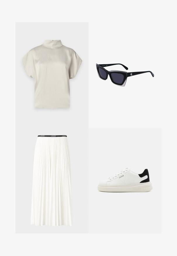 Kortærmet, lys beige top med høj hals. Glat tekstur, løs pasform og diskret glans. Ingen synlige mønstre eller hardware.; Plisseret hvid nederdel med en sort elastisk talje, der har "LACOSTE"-logoet. Mellemlang design med blød tekstur.; Hvide lædersneakers med en tyk hvid sål, sort ruskindhælvægt og prægede logoer på siden. Snørebåndsdesign med seks øjer.; Store sorte oversized solbriller med geometrisk form, med mørke linser og en kontrasterende grå detalje på stellet. Logo på armen.