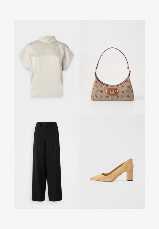 Short-sleeve, light beige top with a high mock neck. Smooth texture, loose fit, and subtle sheen. No visible patterns or hardware.; Black wide-leg trousers made of smooth fabric, featuring a flat-front design, pleated details, and belt loops at the waistband.; Beige suede high-heeled pump with a pointed toe and a chunky block heel. The material has a soft texture with a smooth finish.; Tote bag in beige fabric with brown patterned accents. Features a curved shape, single strap, and a logo plaque in front with silver hardware.
