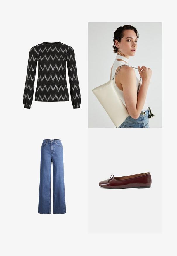 Must ja pika varrukaga sviiter hõbedaste zigzag-ribadega ja kergete puhvvarrukatega, millel on elastsed mansetid.; Heled sinise denimist laiad jalad, kõrgema talje ja kahe eesmise taskuga, nähtavate õmblustega. Omab nuppu ja luku sulgemist.; Burgundi patendnahk kingad balletitüüpi, ümmarguse ninaosa, ees väike paelaaktsent ja madal must kummist tald. Sile tekstuur.; Valge ristkülikuline kotti, mis on valmistatud läikivast materjalist, hõbedase ahelsangaga. Mudel poseerib, tutvustades kotti ühtlase taustaga.