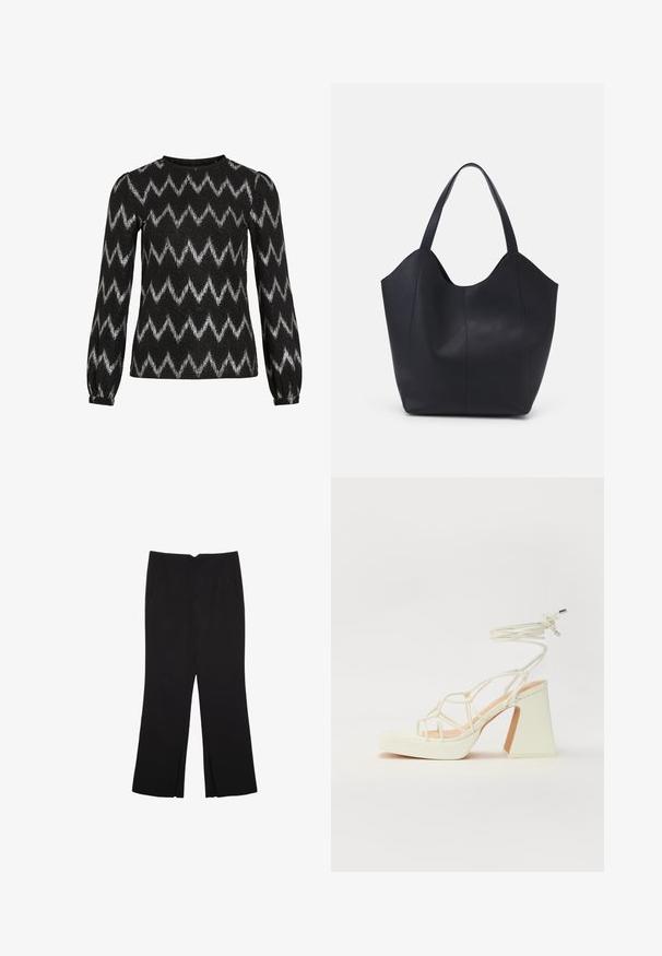 Schwarzer langärmeliger Pullover mit silbernen Zickzackstreifen und leicht gepufften Schultern, mit elastischen Bündchen.; Schwarze Hose mit geradem Schnitt, ausgestattet mit Fronttaschen und Seitenschlitzen am Saum. Hergestellt aus weichem, glattem Stoff. Geeignet für verschiedene Anlässe.; Weiße High-Heel-Sandale mit einem klobigen Absatz, die über ein Riemchendesign und ein Knöchelband verfügt. Glatte Textur mit einer Plattform vorne für zusätzliche Höhe.; Schwarze Tote-Bag aus glattem Leder, mit einem abgerundeten, offenen Oberteil, zwei Schulterträgern und einem minimalistischen Design.