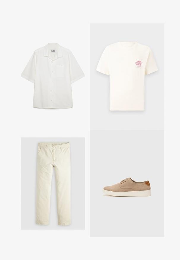 Kurzärmliges weißes Hemd aus glattem Stoff, mit einer Brusttasche und einem klassischen Kragen sowie einem geraden Saum.; Weißes T-Shirt mit kurzen Ärmeln und rotem Text "Studio Originals Edition" auf der linken Brust, präsentiert vor einem neutralen grauen Hintergrund.; Helle beigefarbene, lässig geschnittene Hose mit drei Taschen, Gürtelschlaufen und geradem Bein. Hergestellt aus einem weichen Baumwoll-Mix.; Beige Wildleder-Sneaker mit runder Zehenpartie, Schnürung und strukturiertem Rückenteil. Die weiße Gummisohle sorgt für einen Kontrast. Einfaches und modernes Design.