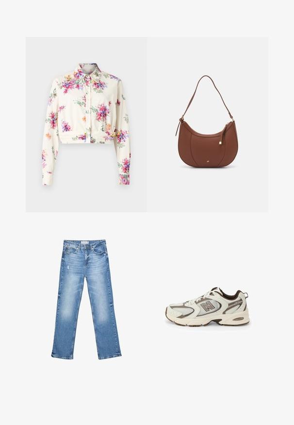Cropped shirt in cream fabric with multicolored floral pattern. Features long sleeves, a collared neck, and button front with decorative collar accents.; Light blue denim jeans, straight-leg design, faded areas, and subtle distressing. Features five pockets and a classic button-up fly.; White and brown athletic shoe with mesh upper, curved design, cushioned sole, and "N" logo on the side. Durable rubber outsole.; Brown faux leather shoulder bag with curved shape, minimal stitching, and a gold-tone hardware accent. Features a top zipper closure and adjustable strap.