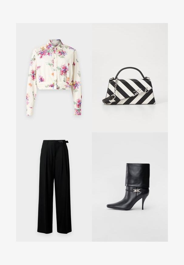 Kreptā krekls krēmkrāsas audumā ar daudzkrāsainu ziedu rakstu. Tam ir garas piedurknes, apkakles forma un pogu aizdare ar dekoratīvām apkakles detaļām.; Melni plaši bikses ar augsto jostasvītru, priekšā ar krokojiem un jostu ar sprādzi. Izgatavotas no gludas, vieglas auduma.; Melnas ādas potīšu zābaki ar smailu purngalu, augstu stiletto papēdi, salocītu aproci un zeltītu dekoratīvu sprādzi uz potītes.; Melnām un baltām svītrām rotāta rokassoma ar strukturētu formu, ar augšējo rokturi, noņemamu ķēdes siksnu un metāla logotipa akcentu.