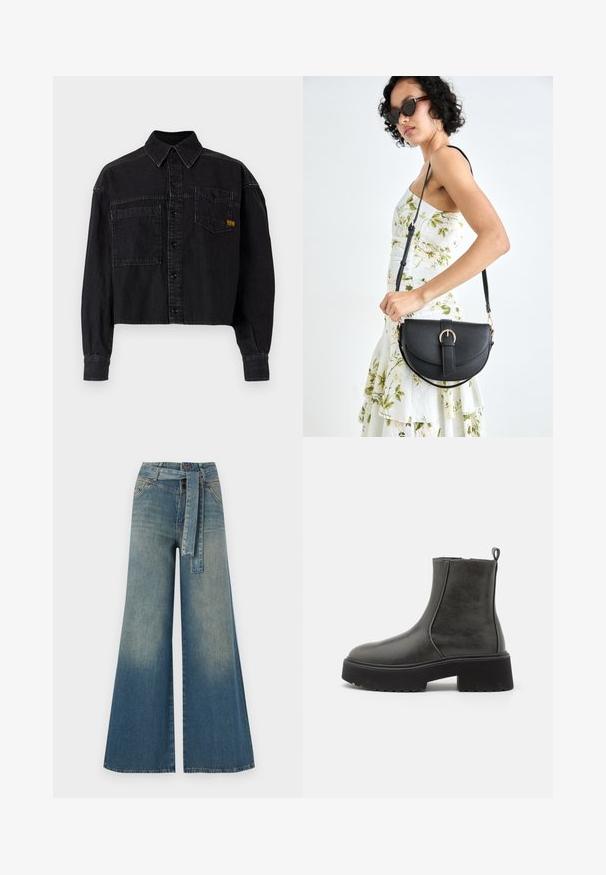 Black cropped denim jacket with long sleeves, button closure, two front pockets, and a small yellow logo on the chest pocket.; Wide-leg denim trousers featuring a light to dark blue gradient, high waist, belt loops, and a matching fabric belt. Textured denim finish.; Black ankle boots with a smooth synthetic upper, elastic side panels, a pull tab, and a chunky rubber sole.; Black leather handbag with a curved shape, detachable strap, and gold hardware. The bag features a flap with a buckle detail.