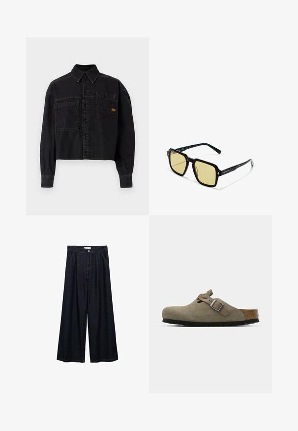 Black cropped denim jacket with long sleeves, button closure, two front pockets, and a small yellow logo on the chest pocket.; Dark denim wide-leg trousers with a high waist, featuring a front button closure, two side pockets, and stitching details.; Suede clogs in light olive green with a molded cork and rubber sole. Features a side strap with a metal buckle and a rounded toe.; Square sunglasses with a thick black frame, yellow tinted lenses, and patterned green accents on the arms. Features a glossy finish.; Black fabric bag with a single, wide shoulder strap. Soft, semi-structured shape and smooth texture; minimal design, without visible hardware.