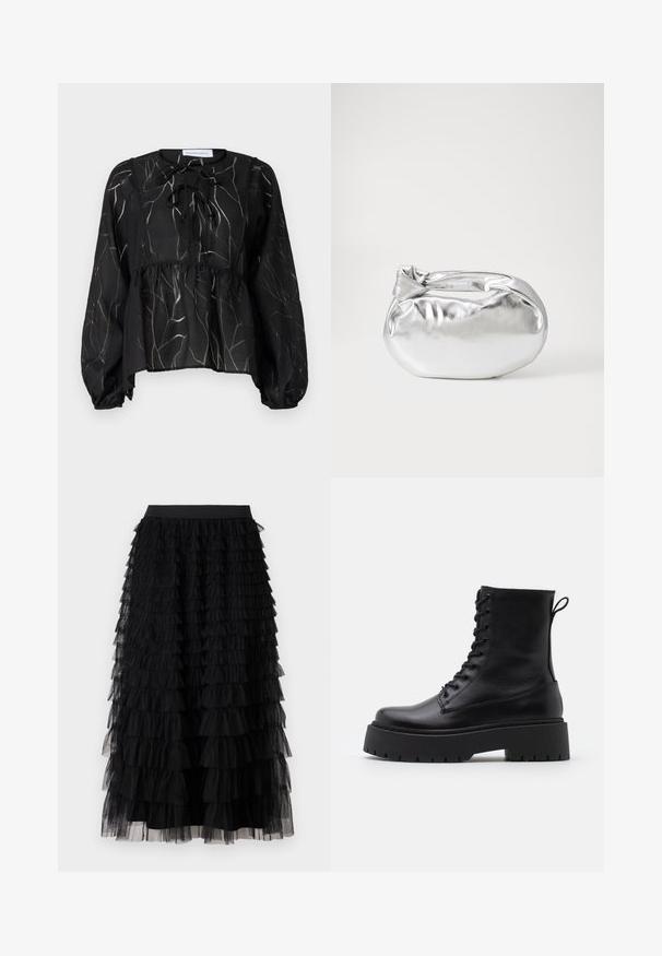 Black sheer blouse with long puff sleeves, featuring a drawstring neckline and a textured leaf pattern in light gray. Peplum silhouette.; Vero Moda VMNAJA RUFFLE SKIRT - Maxi skirt - black; Black leather ankle boots with a round toe, lace-up front, and a thick rubber sole featuring a textured tread. Pull tab at the back.; Silver metallic pouch bag with a soft, rounded shape and a knotted top closure. Made from smooth faux leather material.