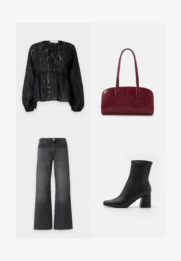 Sort gennemsigtig bluse med lange pufærmer, der har en snoretræk-udskæring og et struktureret bladmønster i lys grå. Peplum-silhuet.; Bredde ben jeans i mørkegrå denim. Har fem lommer, en knaplukning og subtil falmning på stoffet. Klassiske syninger som accentuerer.; Sort ankelstøvle lavet af glat læder med spids tæppe og en tykkere, rektangulær hæl. Har en syet kant for ekstra detaljer.; Zign LEATHER - Håndtasker - dark red