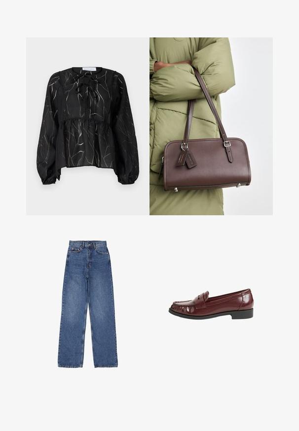 Černá průhledná blůza s dlouhými nabíranými rukávy, s šňůrkovým výstřihem a texturovaným vzorem listů v světle šedé barvě. Peplum silueta.; Džíny z denimu s vysokým pasem a širokými nohavicemi, v klasickém modrém praní, s viditelným prošíváním a kovovými prvky na přední kapse.; Burgundské lakované kožené mokasíny s prošívanou kulatou špičkou a malým dekoračním páskem. Nízký černý gumový podpatek. Hladký povrch.; Hnědá kožená kabelka obdélníkového tvaru, s odnímatelným popruhem a stříbrnými akcenty. Obsahuje dvě visačky připevněné k rukojeti.
