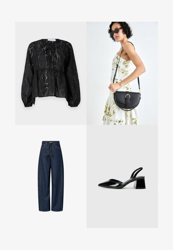 Schwarze transparente Bluse mit langen Puffärmeln, die einen Tunnelzug-Ausschnitt und ein strukturiertes Blattmuster in Hellgrau aufweist. Peplum-Silhouette.; Helleben Denim-Hosen in Dunkelblau mit einem verstellbaren Taillenbund, kontrastierenden Nähten und zwei Vorderpockets. Glatte Textur, lässige Passform.; Schwarze Lackleder-Slingback-High Heels mit spitzem Schuh und einem geometrischen Blockabsatz. Verfügt über ein schlankes, minimalistisches Design und eine glatte Textur.; Schwarze Lederhandtasche mit geschwungener Form, abnehmbarem Tragegurt und goldenen Beschlägen. Die Tasche verfügt über einen Deckel mit einer Schnallen-Details.