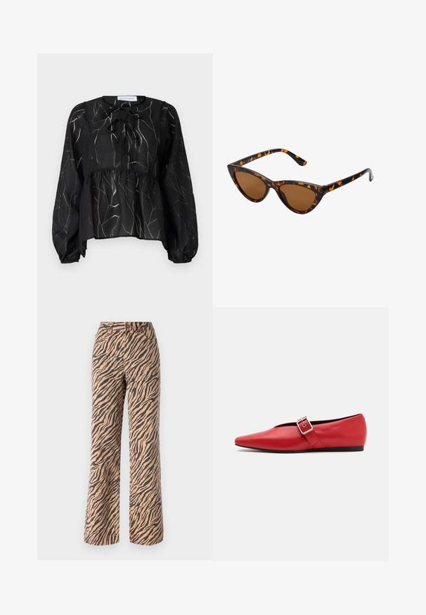 Black sheer blouse with long puff sleeves, featuring a drawstring neckline and a textured leaf pattern in light gray. Peplum silhouette.; Wide-leg trousers with a tiger stripe pattern in shades of brown and black, featuring a standard waist and five-pocket design.; Red leather flat shoe with a pointed toe, featuring a side strap with a metal buckle and a low black heel. Smooth texture throughout.; Cat-eye sunglasses with a black and orange tortoiseshell frame, brown lenses, and sleek, pointed tips. Features a minimal logo on the temple.