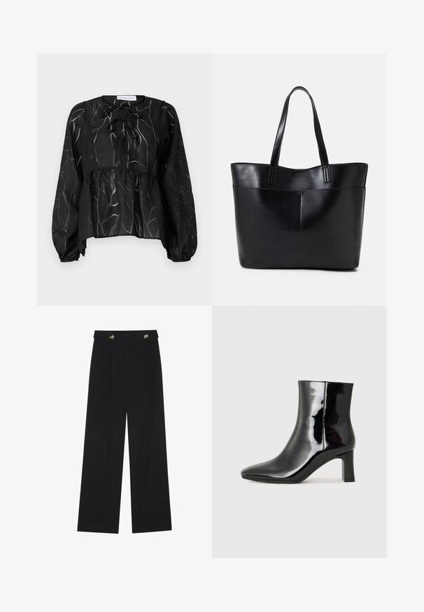 Black sheer blouse with long puff sleeves, featuring a drawstring neckline and a textured leaf pattern in light gray. Peplum silhouette.; Black wide-leg trousers with high waist, button details on waistband, and front pleats.; Black patent leather ankle boot with a pointed toe and a mid-height block heel. Smooth texture and minimalist design.; Black leather tote bag with two long handles, a smooth texture, and a structured shape. Features a front pocket for additional storage.