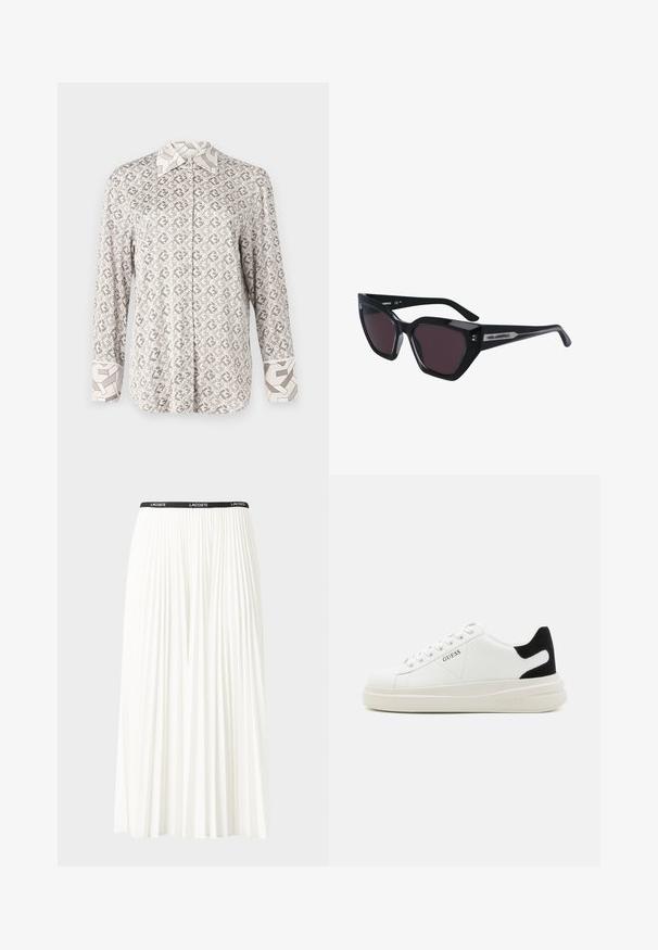 Camicia button-up di un beige chiaro con un motivo geometrico. Caratterizzata da maniche lunghe e colletto e polsini a contrasto con un design simile.; Gonna bianca plissettata con elastico nero in vita che presenta il logo "LACOSTE". Design di lunghezza media con texture morbida.; Sneaker bianchi in pelle con suola spessa bianca, accento in suede nero sul tallone e logo impresso sul lato. Design con lacci e sei fori per i lacci.; Occhiali da sole neri con design a occhio di gatto, dotati di lenti scure, finitura lucida e sottili accenti del logo sulle asticelle.; Orecchini a cerchio in argento con una finitura liscia e lucente. Forma arrotondata, design leggero, con chiusura a perno.