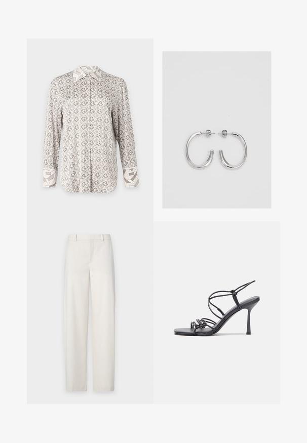 Button-up shirt in light beige with a geometric pattern. Features long sleeves and contrasting collar and cuffs with a similar design.; Light beige trousers made of a smooth fabric, featuring a straight cut, flat front, belt loops, and side pockets.; Black high-heeled sandals feature thin straps with a knotted design, a smooth square toe, and a sleek stiletto heel.; Silver hoop earrings with a smooth, shiny surface, featuring a curved shape and post-back closure. Minimalist design with a modern finish.
