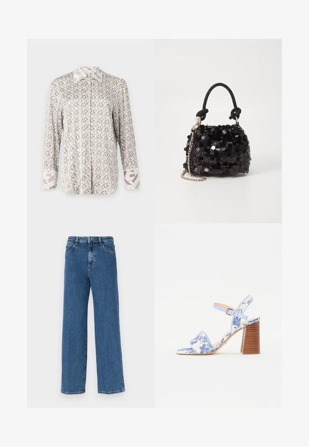 Button-up shirt in light beige with a geometric pattern. Features long sleeves and contrasting collar and cuffs with a similar design.; Wide-leg blue denim jeans with a faded finish, five-pocket design, and a classic button and zipper fly. Textured fabric with visible seams.; Blue floral-printed sandal with a square toe, a wide strap, and an adjustable ankle strap, featuring a textured wooden block heel.; Black sequin mini handbag with a knotted textured strap and silver chain. Rounded shape with gathered top and reflective detailing.