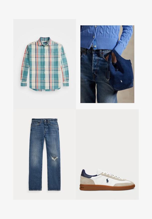 Button-up shirt made of woven fabric, featuring a teal, cream, navy, and red plaid pattern. It has a spread collar and long sleeves.; Blue denim jeans with a mid-rise waist, five pockets, and a frayed rip on the right knee.; White and beige sneakers with a suede and leather upper, navy accents, and a brown rubber sole. Features logo on the side and lace-up design.; Navy suede handbag with soft texture, dual handles, and a small attached tag. Features a white logo on the front and a rounded bottom.
