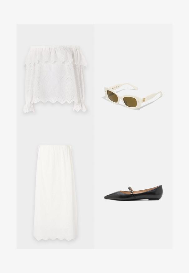 Biela blúzka s odhalenými ramenami s vystrihovaním na okraji, očkovaným vzorom a elastickými nadýchanými rukávmi so zaväzovaním. Ľahká bavlnená tkanina.; DESIGNERS REMIX LUNA MAXI SKIRT - Maxisukňa - cream; Čierne kožené baletky s špicatou špičkou a bočným remienkom s kruhovým zlatým akcentom. Ľahké s plochou podrážkou.; Biele plastové slnečné okuliare s obdĺžnikovým rámom, hnedými šošovkami a zlatým akcentom na spánku. Hladká textura a moderný dizajn.