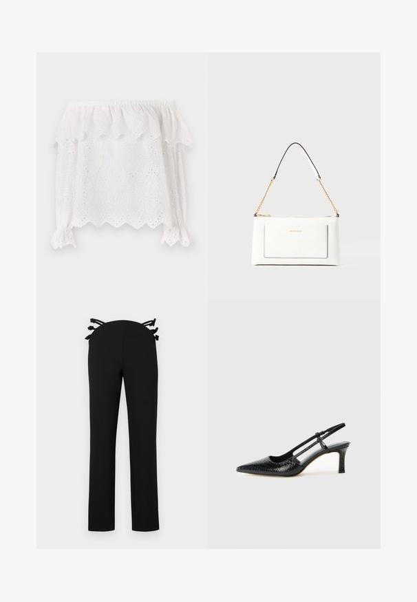 Witte off-the-shoulder blouse met een scalloped zoom, een oogjespatroon en elastische pofmouwen met gestrikte accenten. Lichtgewicht katoenstof.; Zwarte broeken met een rechtpijpd design, uitgerust met een tailleband met zwarte lintaccenten aan de achterkant. Glad stof zonder zichtbare patronen.; Zwart patent slingback hak met een spitse neus, voorzien van een gestructureerde slangenprint, verstelbare band en een korte, gestructureerde blokhak.; Witte leren handtas met een textuurafwerking, voorzien van een gouden schouderhengsel en zwarte accenten. Inclusief een voorvak en ritssluiting.