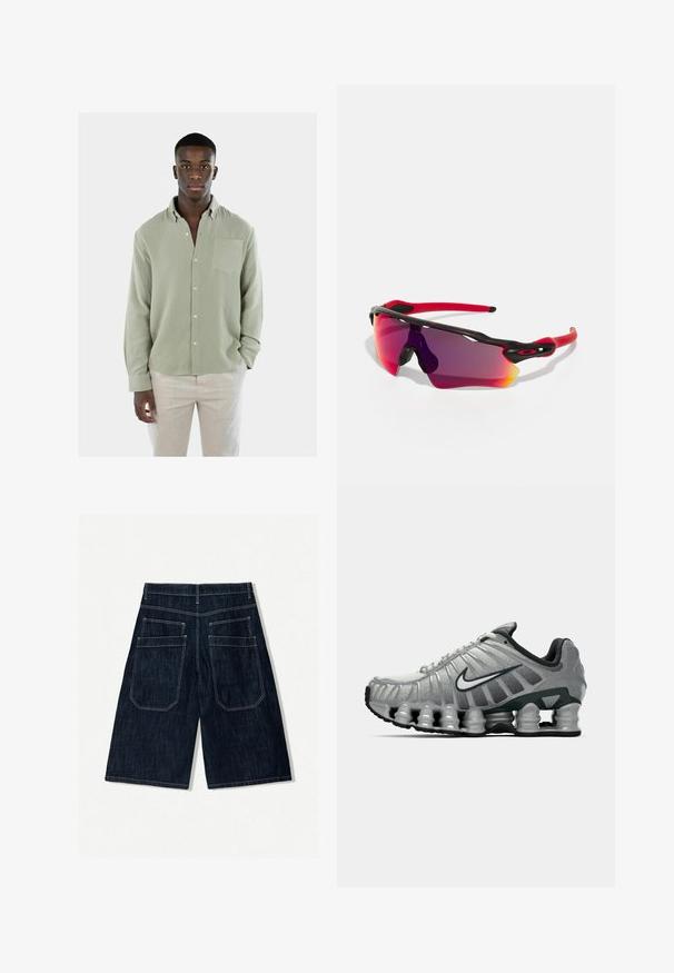 Camicia button-up verde chiaro con un tessuto testurizzato, taschino sul petto e maniche lunghe. Abbinata a pantaloni di colore chiaro.; Canotta bianca in cotone con scollatura rotonda, spalline larghe e orlo dritto, caratterizzata da una superficie liscia e senza motivi visibili.; Pantaloni shorts in denim blu scuro con una vestibilità ampia, dotati di due tasche posteriori, cuciture a contrasto e un design a gamba dritta.; Scarpa da corsa Nike grigia e nera con ammortizzazione visibile a molla sotto la suola e logo swoosh bianco di lato.; Oakley RADAR PATH UNISEX - Occhiali da sole - 100t matte black
