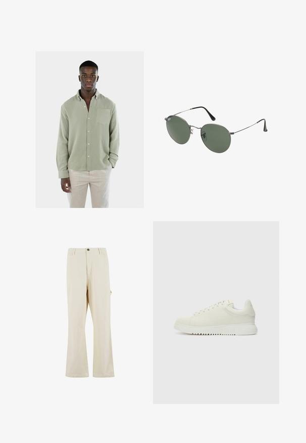Camicia button-up verde chiaro con un tessuto testurizzato, taschino sul petto e maniche lunghe. Abbinata a pantaloni di colore chiaro.; Pantaloni beige a gamba larga realizzati in tessuto misto cotone con chiusura a bottone. Presentano tasche laterali e una texture sottile. Dettagli delle cuciture visibili.; Sneaker bianca in pelle con superiore testurizzato, punta arrotondata, suola piatta bianca e lacci tono su tono. Branding discreto sulla linguetta.; Occhiali da sole con montatura in metallo e lenti verdi ovali. Montatura sottile in metallo argento e terminali neri. Design minimalista, senza loghi visibili.