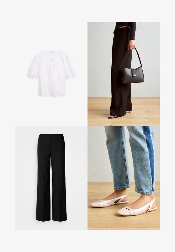 Weiße Kurzarmbluse mit rundem Ausschnitt, ausgestattet mit einem vorderen Bindedetail. Hergestellt aus leichtem Stoff mit einer glatten Textur.; Schwarze weit geschnittene Hosen aus glattem Stoff mit hoher Taille, taillierten Nähten und minimalistischer Gestaltung. Keine sichtbaren Beschläge oder Taschen.; Blassrosa Slingback-Ballerinas mit spitzem Punkt, aus einem glatten, lederähnlichen Material. Mit Ausschnitten an den Seiten und einem flachen Absatz.; Schwarze Handtasche mit strukturierter Form, glatter Textur und einem metallischen Verschluss. Kombiniert mit weiten schwarzen Hosen und offenen Sandalen auf einem Holzboden.
