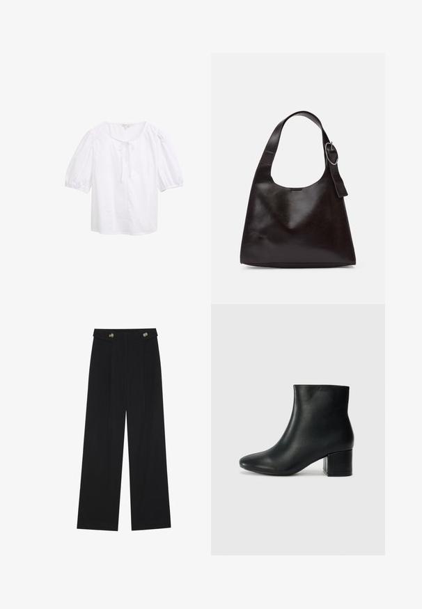 Blusa bianca a maniche corte con scollatura rotonda, caratterizzata da un dettaglio con nodo frontale. Realizzata in un tessuto leggero con una superficie liscia.; Pantaloni neri a gamba larga con vita alta, dettagli con bottoni in vita e pieghe frontali.; Stivali neri in pelle fino alla caviglia con punta appuntita e tacco spesso. Texture liscia con minimi dettagli e un design elegante e aderente.; Borsa a spalla in pelle marrone con una texture liscia, forma arrotondata, ampia tracolla e un accento metallico circolare sul manico.