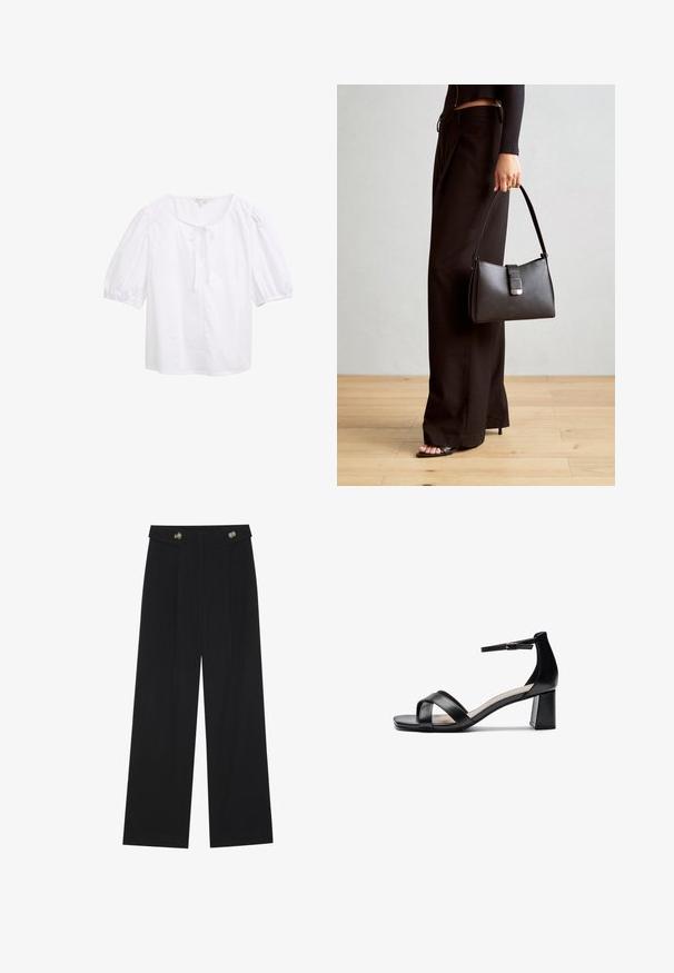 Valkoinen lyhythihainen pusero, jossa on pyöreä pääntie ja edessä solmimisdetalji. Valmistettu kevyestä kankaasta, joka on sileä ja miellyttävä.; Mustat leveälahkeiset housut, joissa on korkea vyötärö, napit vyötärönauhassa ja etupuolella laskokset.; Musta avotossu, jossa on ristikkäiset hihnat, säädettävä nilkkaremmi ja paksu korko, painottuen sileään nahkatextuuriin.; Musta käsilaukku, jossa on rakenteellinen muoto, sileä pinta ja metallinen solki. Yhdistetty leveisiin mustiin housuihin ja avonaiheisiin sandaaleihin puulattialla.