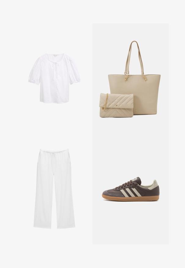 Bela kratka sleevna bluzica z okroglim izrezom, ki ima podrobnost zavezovanja spredaj. Narejena iz lahkotnega blaga z gladko teksturo.; Bele široke hlače iz mehkega blaga, opremljene z elastičnim pasom z vrvico in dvema stranskima žepoma. Preprost in čist dizajn.; Rjave usnjene teniske s tremi svetlimi črtami, gumijastim podplatom, zaobljenim prstom in teksturiranimi semiš detajli na peti in prstu.; Bežna torba z ravnimi ročaji, gladke teksture in zlatim okovjem, v kombinaciji z ujemajočo se prešito torbico z verižnim ročajem.