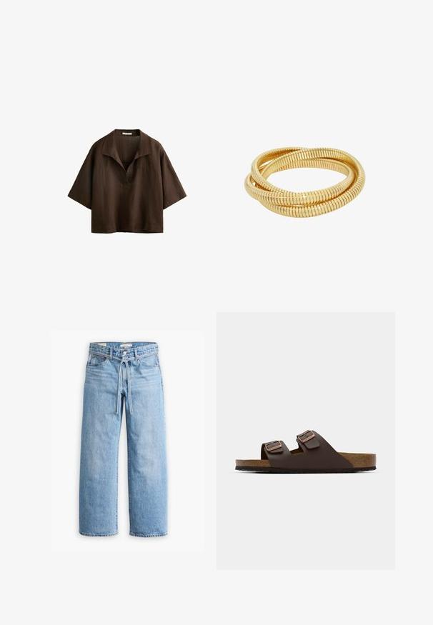 Braunes Leinenhemd mit weiten Ärmeln, lockerer Passform und tiefem V-Ausschnitt. Strukturierter Stoff mit natürlichem Aussehen und subtilen Steppnähten.; Hellblaue Jeans im weiten Schnitt mit hoher Taille, Knopf- und Reißverschluss sowie einer Kordelzugdetails an der Taille. Roh geschnittener Saum.; Braune, flache Riemchensandale mit zwei verstellbaren Riemen. Hergestellt aus einem glatten Material, mit einem Korkfußbett und einer strukturierten Gummisohle.; Goldfarbener Metallarmreif mit verbundenen, flexiblen Abschnitten und einer glatten, geriffelten Textur. Zirkuläres Design mit reflektierender Oberfläche.