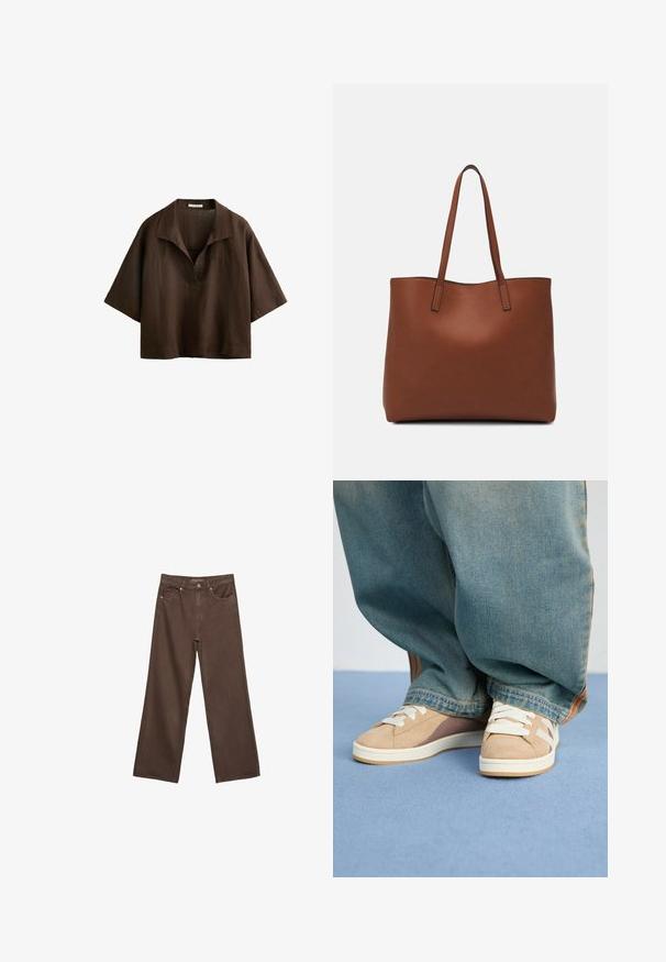 Smeđa platnena košulja s širokim rukavima, opuštenim krojem i dubokim V-izrezom. Tekstuirana tkanina s prirodnim izgledom i suptilnim detaljem šivanja.; Proširene smeđe traperice od denima, s visokim strukom, prednjim džepovima i klasičnom kopčom na dugme. Glatka tekstura s suptilnim šavovima.; Bežne tenisice bež boje od suede i tekstilnog materijala, s bijelim vezicama, svijetlosmešavim naglascima i teksturiranim đonom. U kombinaciji s slobodnim plavim trapericama.; Smeđa kožna torba preko ramena s glatkom teksturom, otvorenim vrhom i dvjema naramenicama. Ima minimalne šavove i nema vidljivog hardvera.