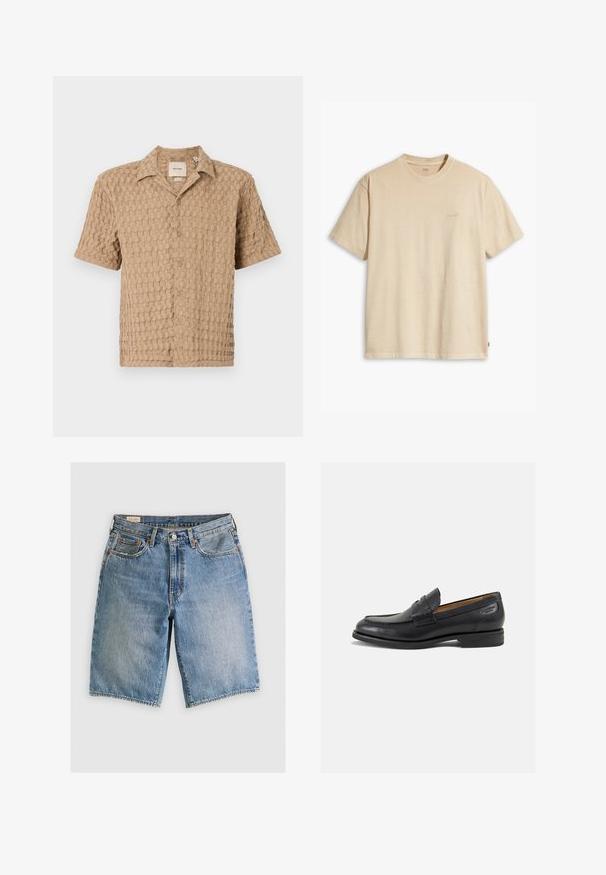 Krátky rukáv, béžová farba, textúrovaný tkaný vzor, zapínanie na gombíky a golier. Mäkka tkanina, voľný strih, vhodná na bežné nosenie.; Béžové bavlnené tričko s okrúhlym výstrihom a krátkymi rukávmi. Na hrudi je jemné logo "Levi's" v tej istej farbe. Mäkká textúra.; Denimové šortky v svetlomodrej farbe s klasickým strihom. Obsahujú päť vreciek, oranžové švy a surové okraje.; Čierne kožené mokasíny s hladkým povrchom, zaoblenou špičkou a dekoratívnym prešívaním na prednej časti. Nízky kokteilový opätok a jemný lesk.