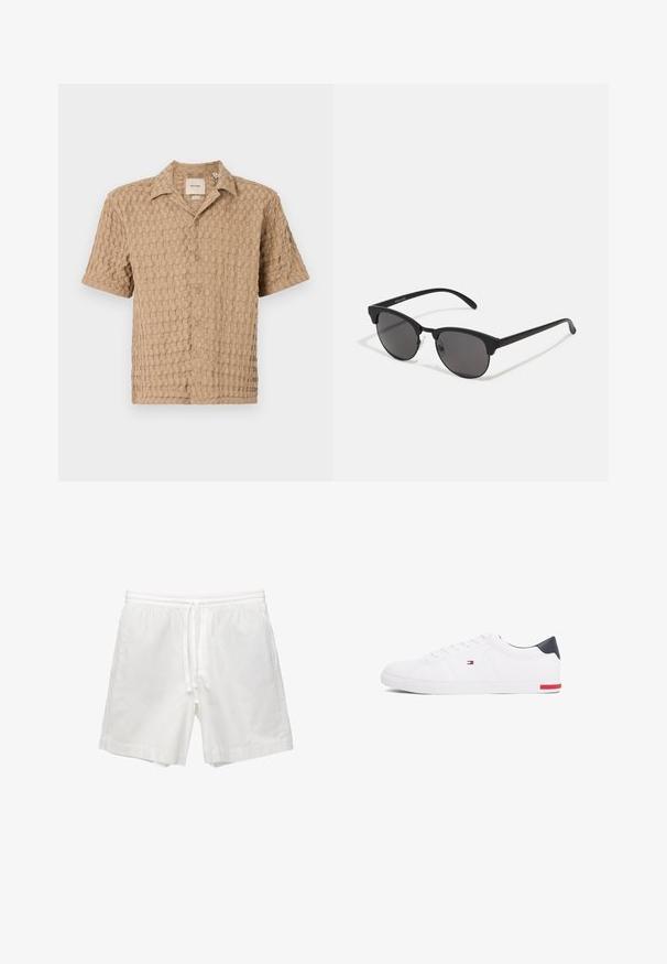 Beige Kurzarmhemd mit strukturiertem Gewebe-Muster, Knopfverschluss und Kragen. Weicher Stoff, legerer Schnitt, ideal für die Freizeit.; Weiße Baumwollshorts mit elastischem Bund und Kordelzug, Seitentaschen und geradem Schnitt mit sauberen Säumen.; Weißes Low-Top-Sneaker aus glattem Leder. Mit einem marineblauen Fersenstück und einem roten Akzent an der Sohle. Sechs Ösen für die Schnürsenkel.; Schwarze Sonnenbrille mit runden Gläsern, matter Oberfläche und markanter Cat-Eye-Form. Schlanke Bügel mit dezenter Markenkennzeichnung am linken Schläfenstück.