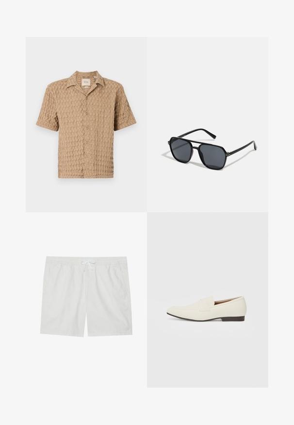 Cămașă cu mânecă scurtă în bej, cu un model texturat țesut, cu nasturi în față și guler. Țesătură moale, formă relaxată, potrivită pentru ținute casual.; Șorturi albe din bumbac, cu talie elastică și șnur, având două buzunare laterale și linii curate, oferind un design simplu.; Loafers bej cu un vârf ascuțit, dintr-un material neted, cu o bandă peste vamp și o talpă joasă maro. Design simplu cu accente minime.; Ochelari de soare negri cu ramă octogonală, lentile întunecate, finisaj lucios, temple subțiri și accente aurii în partea din față.