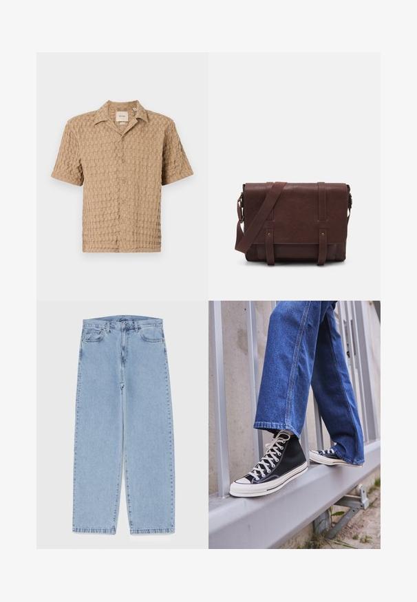 Beige Kurzarmhemd mit strukturiertem Gewebe-Muster, Knopfverschluss und Kragen. Weicher Stoff, legerer Schnitt, ideal für die Freizeit.; Hellblaue Jeans aus Denim mit geradem Bein, ausgestattet mit einer mittelhohen Taille, fünf Taschen sowie einem Knopf- und Reißverschluss.; Schwarze High-Top-Sneaker mit weißer Sohle und Schnürsenkeln, kombiniert mit lockeren blauen Jeans, die auf einem grauen Geländer ruhen.; Braune Leder-Umhängetasche mit einer flachen Vorderklappe, zwei Riemen, goldenen Hardware-Akzenten und einem verstellbaren Schultergurt.; Silberner Edelstahl-Armbanduhr mit rundem grünen Zifferblatt, silbernen Stundenindikatoren, Datumsanzeige und Metallgliederarmband. Wasserdicht bis 50 Meter.