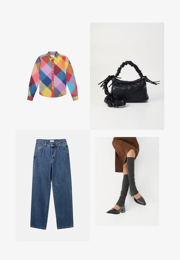 Cămașă cu mânecă lungă, prezentând un model de diamante multicolore în nuanțe de roșu, albastru, galben, verde și violet, cu guler cu nasturi.; Jeans clasice din denim albastru, cu un design drept, cinci buzunare și închidere cu nasture. Prezentând o spălare medie și o textură rezistentă.; Pantofi negri din piele lacuită, cu vârful ascuțit, toc bloc și curea la glezna, asortați cu jambiere gri cu nervuri și o fustă din suede maro.; Geantă din faux leather neagră cu textură de crocodil, cu partea superioară strânsă și o curea mototolită. Pare moale și compactă ca design.