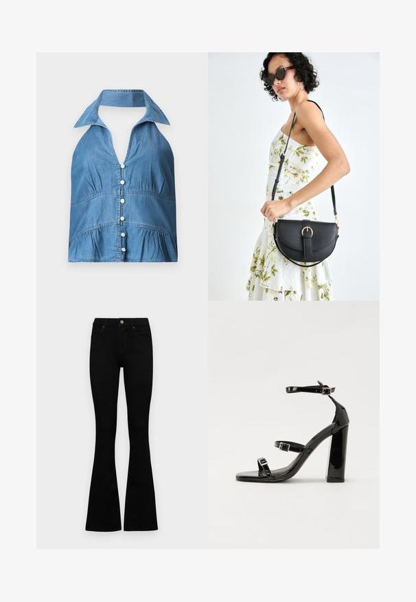 Denim halter vrh z ovratnikom, z gumbi po sprednji strani, nabranim pasom in razširjenim robom. Svetlo modra barva in mehak material.; Črne zvonaste kavbojke iz denima. Imajo zaponko s gumbom, pet žepov in gladko teksturo. Zvonasta nogavica se začne pod kolenom.; Črne lakirane sandale s peto, kvadratnim prstom, trakovi okrog gležnja in srebrnimi zaponkami. Opremljene so s stabilno Debelo peto.; Črna usnjena torbica s ukrivljeno obliko, z odstranljivo naramnico in zlatimi dodatki. Torbica ima pokrov s podrobnostmi v obliki zaponke.