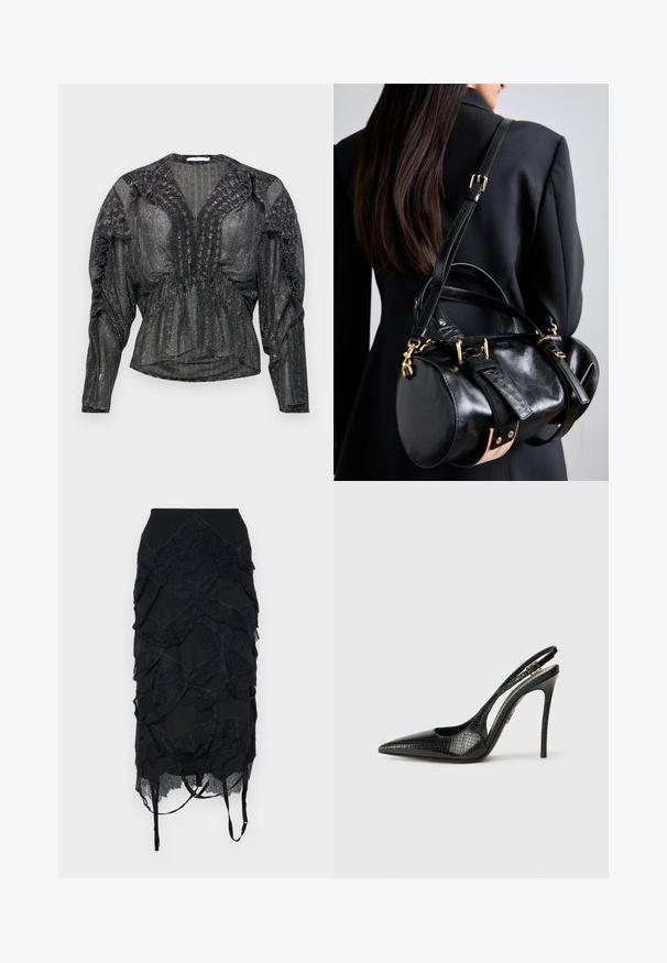 Černá, průhledná blůza s metalickým vláknem. Má hluboký výstřih do V, na ramenech nabírané detaily a dlouhé rukávy s pohodlným střihem.; Černá sukně s vrstvenými krajkovými detaily, přiléhavým pasem a nastavitelnými ramínky. Design zahrnuje vlnkový vzor po celém povrchu.; Černé slingback lodičky s špičatou špičkou, texturovaným hadím vzorem, jehlovým podpatkem a ozdobnou sponou na pásku.; Černá kožená kabelka zaobleného tvaru, s pozlacenými kovovými prvky a nastavitelnými popruhy. Akcenty texturované černé kůže a béžové detaily.