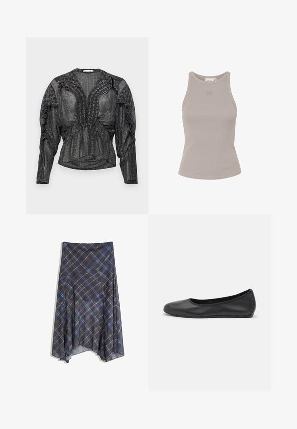 Čierna priesvitná blúzka s metalickým vláknom. Vlastnosti zahŕňajú hlboký výstrih do V, nazhromaždené detaily po ramenách a dlhé rukávy s voľným strihom.; Hladký, bezrukávový top svetlo sivej farby s okrúhlym výstrihom a diskrétnym logom vpredu. Vyrobený z mäkkého, elastického materiálu.; Čierna kockovaná sukňa s modrými a hnedými prúžkami, voľný strih, stredná dĺžka, vyrobená z ľahkej látky s hladkým povrchom.; Čierne kožené baleríny s okrúhlou špičkou, hladkým povrchom, minimálnym prešívaním a flexibilným dizajnom podrážky.