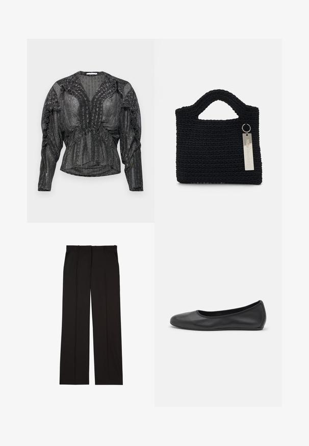 Blusa nera trasparente con filo metallico. Presenta un profondo scollo a V, dettagli arricciati sulle spalle e maniche lunghe con un fit rilassato.; Pantaloni neri su misura realizzati in un tessuto liscio, con un design a gamba dritta e due tasche laterali. Costruzione elegante e minimalista.; Pantofole da balletto nere in pelle con punta arrotondata, texture liscia, dettagli di cucitura minimi e design con suola flessibile.; Won Hundred MARSIELLE COMPUTER BAG UNISEX - Borsa porta PC - black