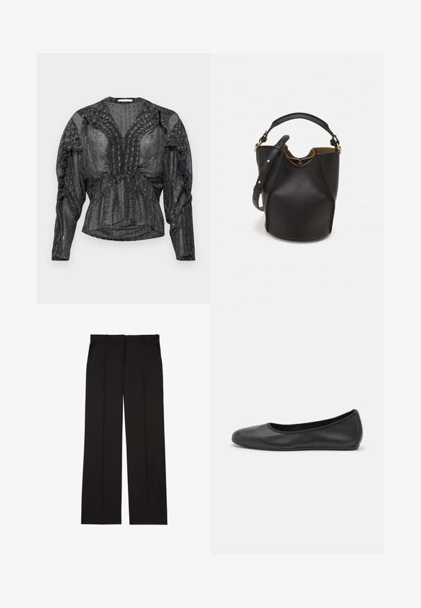 Schwarze, transparente Bluse mit metallischem Faden. Sie verfügt über einen tiefen V-Ausschnitt, Raffung entlang der Schultern und lange Ärmel mit lockerer Passform.; Schwarze, maßgeschneiderte Hosen aus einem glatten Stoff, mit geradem Bein und zwei Seitentaschen. Elegante und minimalistische Konstruktion.; Schwarze Leder-Ballettschuhe mit abgerundeter Spitze, glatter Textur, minimalen Nähdetails und einem flexiblen Sohlen-Design.; Schwarze Leder-Eimerhandtasche mit strukturierter Oberfläche, goldenen Hardware-Akzenten und offenem Design. Verfügt über einen kurzen Griff und einen verstellbaren Schultergurt.