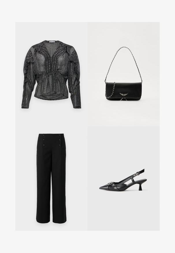 Čierna priesvitná blúzka s metalickým vláknom. Vlastnosti zahŕňajú hlboký výstrih do V, nazhromaždené detaily po ramenách a dlhé rukávy s voľným strihom.; Čierne široké nohavice vyrobené z hladkej látky, s vysokým pásom a piatimi prednými gombíkmi na zacvaknutie. Elegantný, strihovo upravený dizajn.; Čierne kožené slingback topánky s špicatou špičkou, ozdobnými popruhmi s kovovými očkami a nízkym blokovým podpätkom. Textúrovaný povrch.; Čierna kožená kabelka so strieborným reťazovým popruhom, so zdobnými krídelnými akcentmi a bielym prešívaním pozdĺž dolného švu.