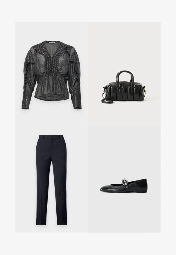 Black, sheer blouse with metallic thread. Features a deep V-neck, gathered detailing along the shoulders, and long sleeves with a relaxed fit.; Navy tailored trousers with a straight cut, featuring a smooth texture, two front pockets, and a clean waistband.; Black leather ballet flats with a pointed toe, featuring a strap with a circular metallic buckle and a flat sole.; Black leather handbag with puffy design, two short handles, and a detachable shoulder strap. Gold-tone hardware accents.