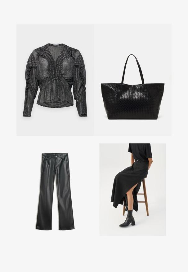 Černá, průhledná blůza s metalickým vláknem. Má hluboký výstřih do V, na ramenech nabírané detaily a dlouhé rukávy s pohodlným střihem.; Černé kalhoty z umělé kůže s rozšířenými nohavicemi a hladkou texturou, pět kapsami, předním zipem a kontrastním prošíváním.; Černá maxi sukně z lnu s vysokým rozparkem, nošená s černým tričkem a černými kotníkovými botami. Minimalistický design s volným střihem.; Černá tkaná taška přes rameno s dvěma pevným uchy, má lesklou texturu a prostorný otevřený vrch.