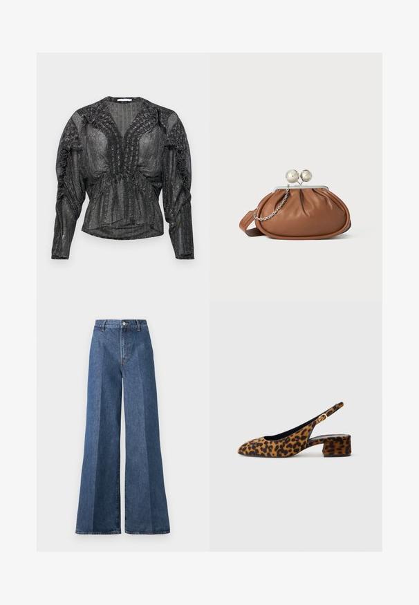 Blusa nera trasparente con filo metallico. Presenta un profondo scollo a V, dettagli arricciati sulle spalle e maniche lunghe con un fit rilassato.; Jeans in denim blu a gamba larga con vita alta, caratterizzati da un classico stile a cinque tasche e chiusura con bottone, realizzati in tessuto di cotone testurizzato.; Scarpa slingback da donna in stampa leopardata con tacco basso a blocco e fibbia dorata sul cinturino laterale, mostrata in profilo su sfondo semplice.; Pochette in pelle marrone con chiusura a sfera argentata e un piccolo dettaglio a catena argento su sfondo bianco.