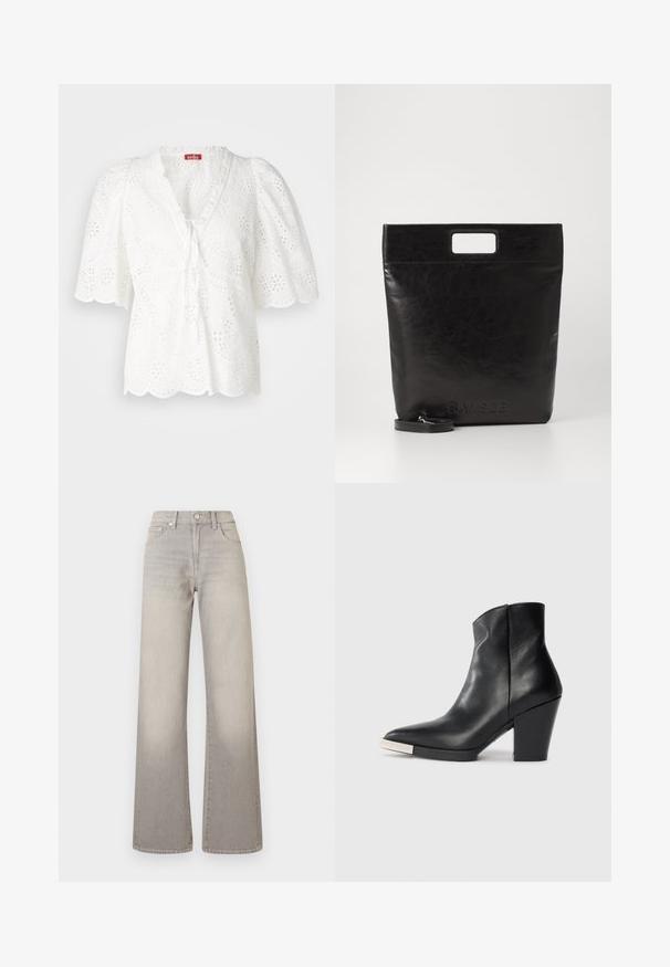 Witte blouse met gepofte mouwen, stoffen met oogjes en bloeiende en paisley patronen, gegolfde zoom en een V-hals met strikdetail.; Grijze wijde jeans met een vervaagde afwerking, knoopsluiting, vijfzakkenontwerp en gestikte details langs de naden.; Zwarte leren enkelboot met een spitse neus, hoge blokhak en zilveren teendopdetail. Glad oppervlak en eenvoudig ontwerp.; Zwarte leren draagtas met een vierkant handvat, met een gestructureerde afwerking en een reliëflogo. Inclusief een afneembare schouderband.