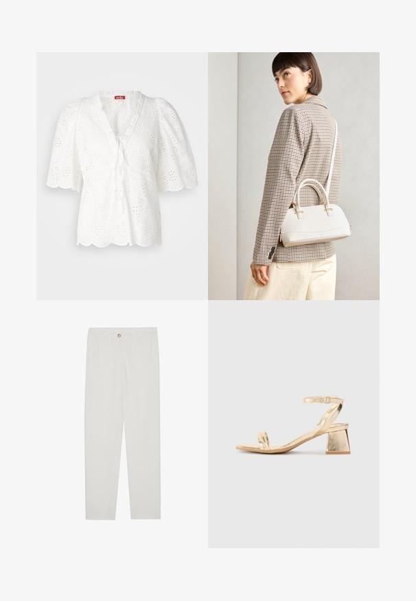 Valge pluus puffi varrukatega, augulise kangaga, millel on lille- ja paisli mustrid, lainelise servaga ning V-dekoltee sidumisega detailiga.; Valged kohandatud püksid sirge lõikega, varustatud nupuga kinnitusega, vöödega ja küljetaskutega; sile kangatekstuur.; Kuldmetalliline kontsaga sandaal, millel on nurkadega plokk-konts, kaks riba jala peal ja reguleeritav pahkluu rihm. Sujuv tekstuur.; Valge struktureeritud käekott lühikeste käepidemete ja õlavööga, millel on kuldse riistvara aktsendid ja tekstuuriga materjal, eksponeeritud halli taustal.