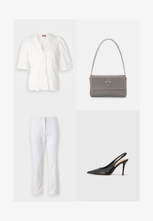 Bjela bluza s napuhanim rukavima, tkanina s rupicama koja sadrži cvjetne i paisley uzorke, obrub na odrezak i V-izrez s detaljem za vezanje.; Bijele pamučne hlače ravnog kroja, sa strukom srednje visine i bez vidljivih metalnih dijelova ili uzoraka. Glatka tekstura kroz cijelu dužinu.; Crna kožna cipelica s visokom petom i otvorenom petom, s oštrim vrhom, glatkom teksturom i delikatnom trakicom s metalnom kopčom.; Svijetlosivi metalik ruksač s lancem, ukrašen malim okruglim metalnim zakovicama i trokutastim logotipom marke.