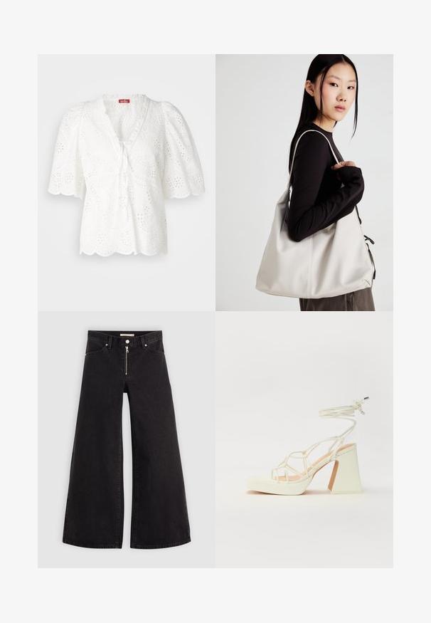 Witte blouse met gepofte mouwen, stoffen met oogjes en bloeiende en paisley patronen, gegolfde zoom en een V-hals met strikdetail.; Wijdvallende jeans van zwarte denim met een ritssluiting aan de voorkant, vijf zakken en subtiele stikdetails. Soepele textuur en casual stijl.; Witte hoge hakken sandaal met een chunky hak, met een bandjesontwerp en enkelband. Gladde textuur met een plateau voor extra hoogte.; Beige handtas gemaakt van zacht materiaal, met een slonzig ontwerp, gestikte details en twee schouderbanden. Geschikt voor dagelijks gebruik.