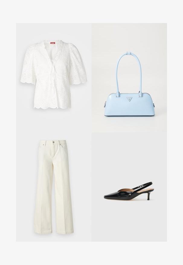 Blouse blanche à manches bouffantes, en tissu ajouré avec des motifs floraux et en paisley, ourlet festonné et décolleté en V avec un nœud.; Jean blanc à jambes larges en tissu mélangé de coton. Caractéristiques : fermeture à glissière, format cinq poches et coutures le long des coutures.; Aiguillettes en cuir verni noir avec un bout pointu, un petit talon, et un design découpé sur le dessus. Accent en métal doré sur le côté.; Sac à main bleu clair avec une forme structurée, en cuir lisse, deux poignées et un logo de marque triangulaire à l'avant. Fermeture éclair.