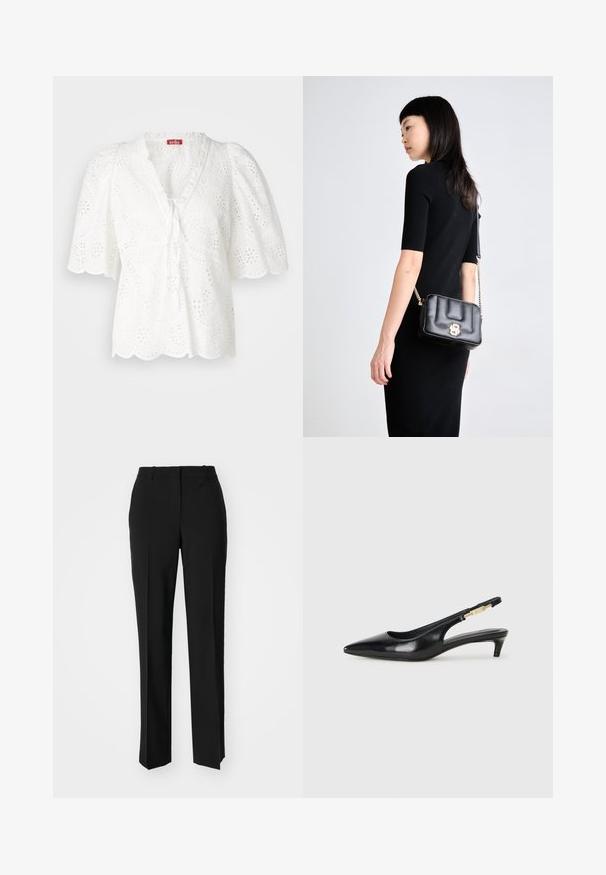 White blouse with puffed sleeves, eyelet fabric featuring floral and paisley patterns, scalloped hem, and a V-neckline with tie detail.; Black tailored trousers with a straight-leg design, featuring a smooth texture and crisp creases along the front. No visible hardware.; Black leather slingback heels with a pointed toe, featuring a slim heel and a gold-tone accent on the adjustable strap. Smooth texture.; Black leather crossbody bag with a gold clasp, quilted design, and chain strap. Compact rectangular shape, minimalistic hardware accents.